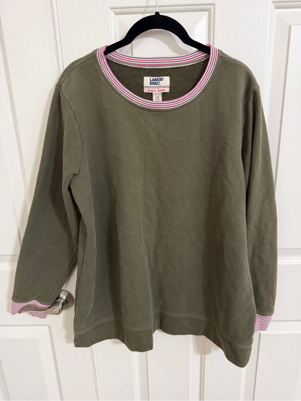 Lands’ End Serious Sweats Olive Green Sweatshirt L 14–16 Pink Striped Trim
